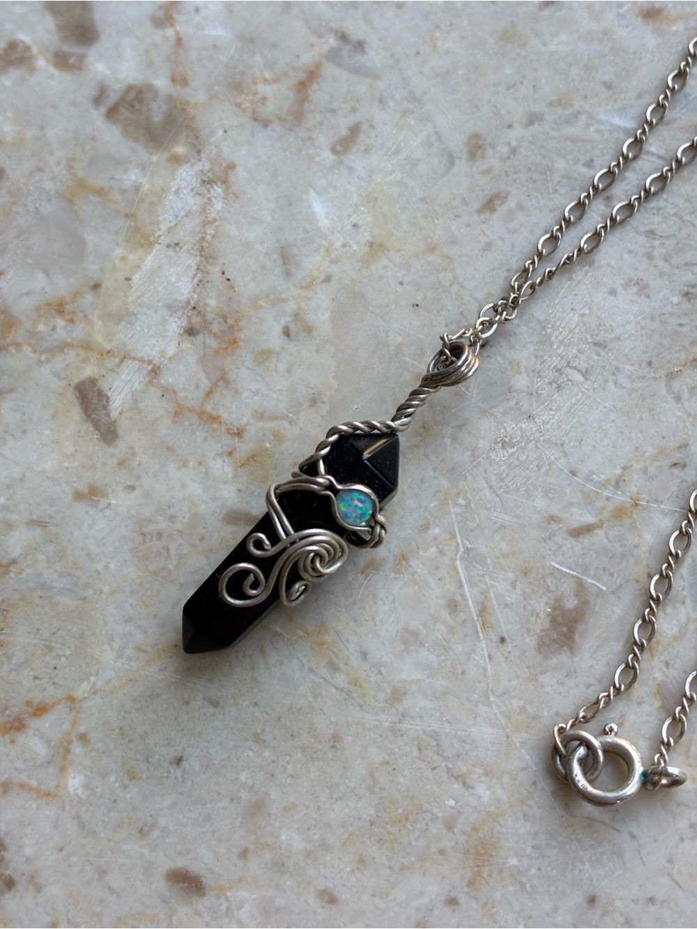 Sterling Silver Obsidian Stone Amulet Pendant Necklace